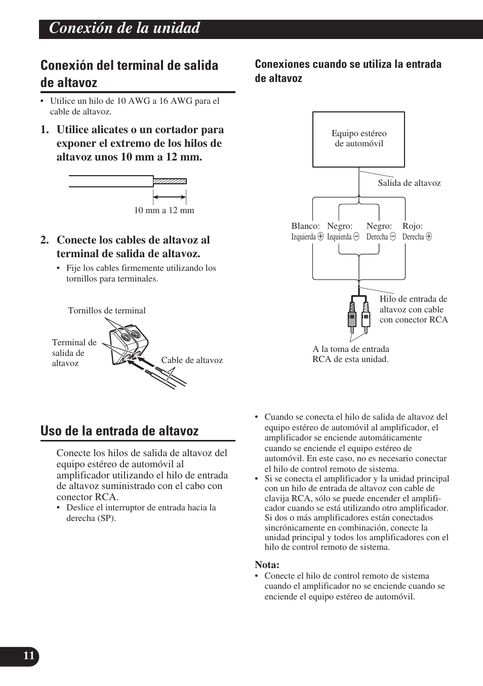 Conexión de la unidad, Conexión del terminal de salida de altavoz, Uso de la entrada de altavoz | Pioneer PREMIER PRS-D4200F User Manual | Page 44 / 50
