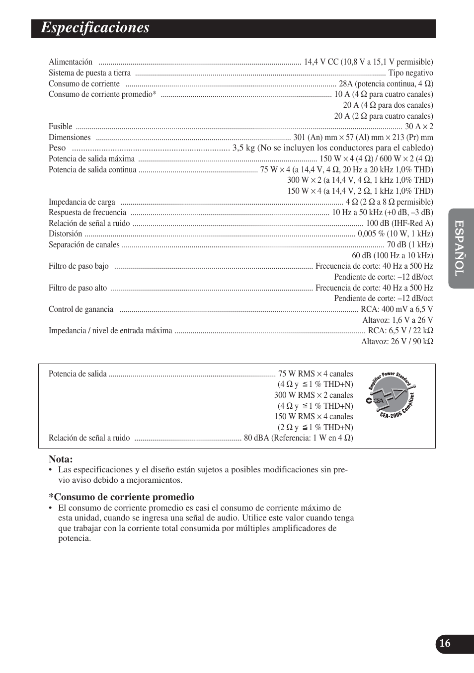 Especificaciones | Pioneer PREMIER PRS-D4200F User Manual | Page 49 / 50