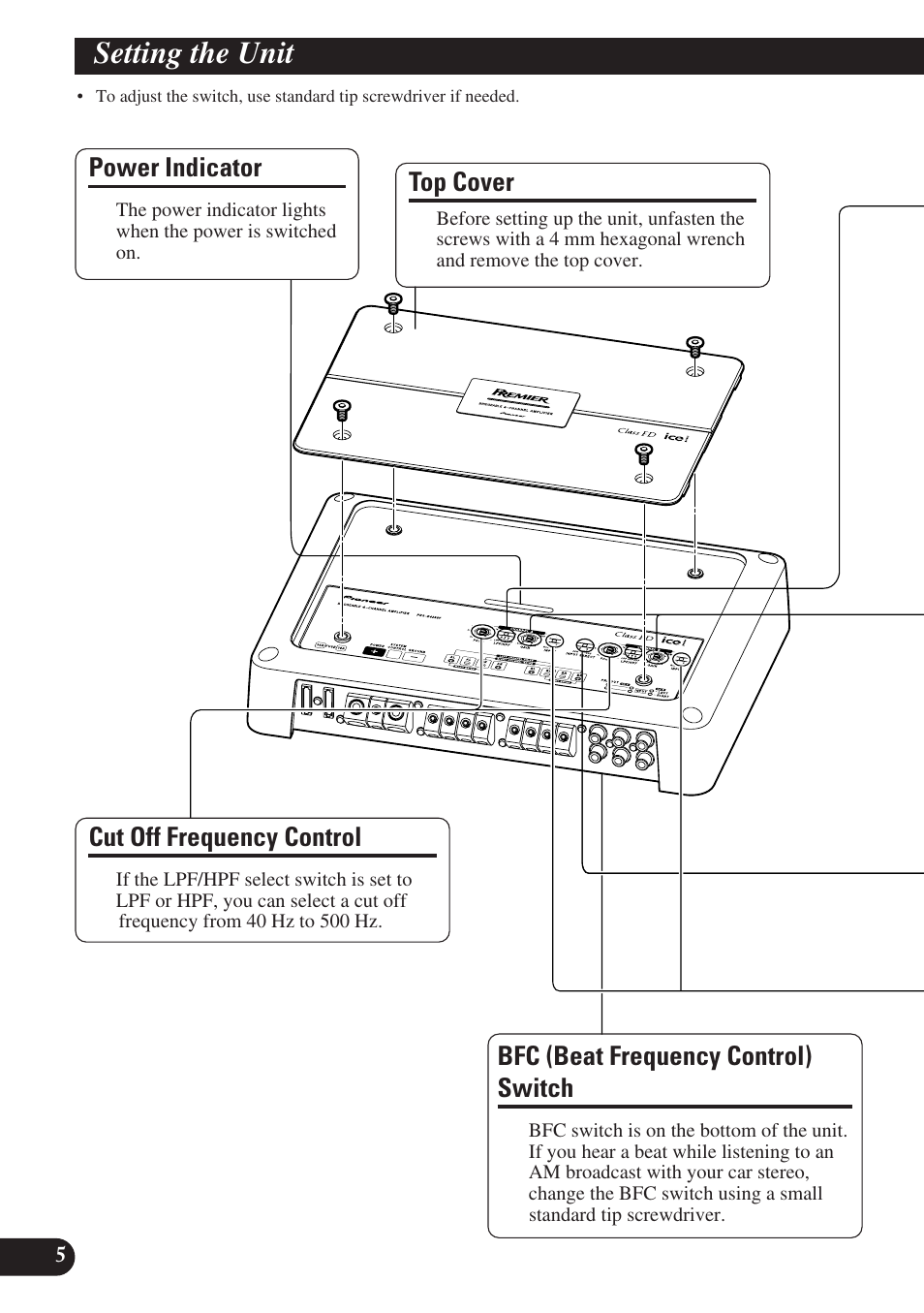 Setting the unit, Power indicator, Cut off frequency control | Bfc (beat frequency control) switch, Top cover | Pioneer PREMIER PRS-D4200F User Manual | Page 6 / 50
