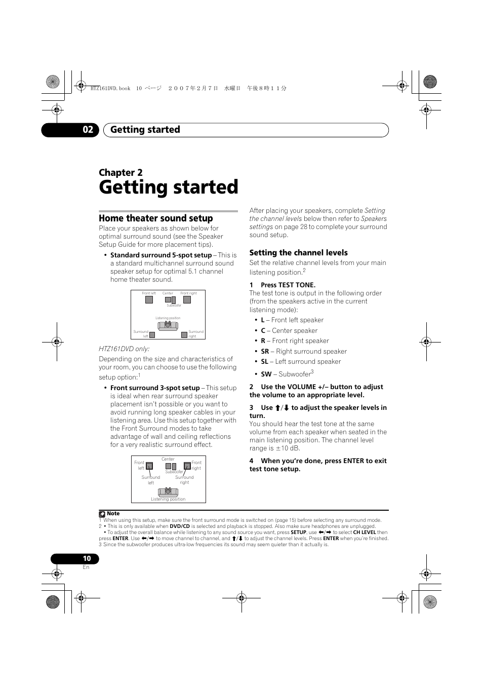 02 getting started, Home theater sound setup, Setting the channel levels | Getting started, Getting started 02, Chapter 2 | Pioneer XV-DV262 User Manual | Page 10 / 93