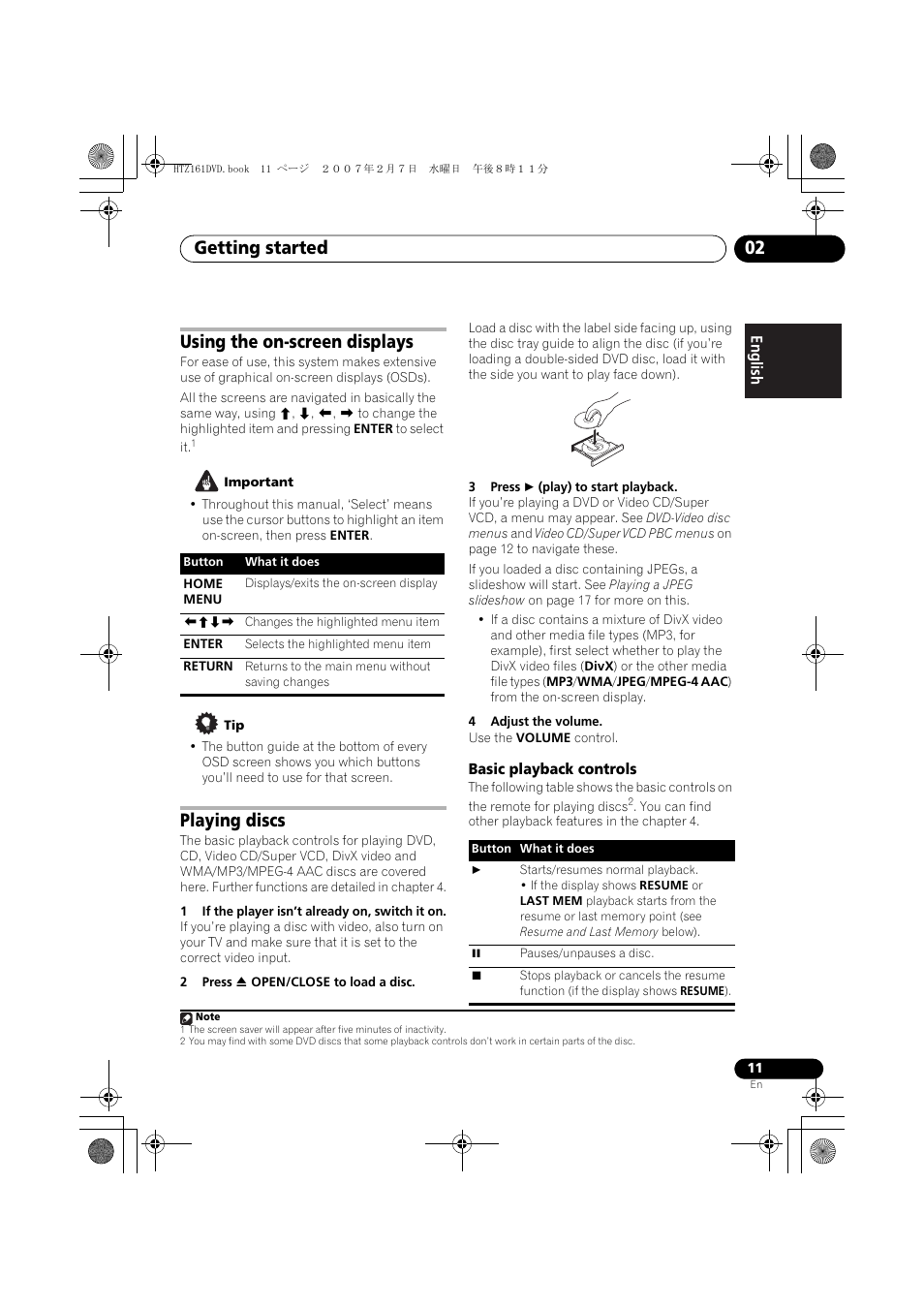 Using the on-screen displays, Playing discs, Basic playback controls | Getting started 02 | Pioneer XV-DV262 User Manual | Page 11 / 93