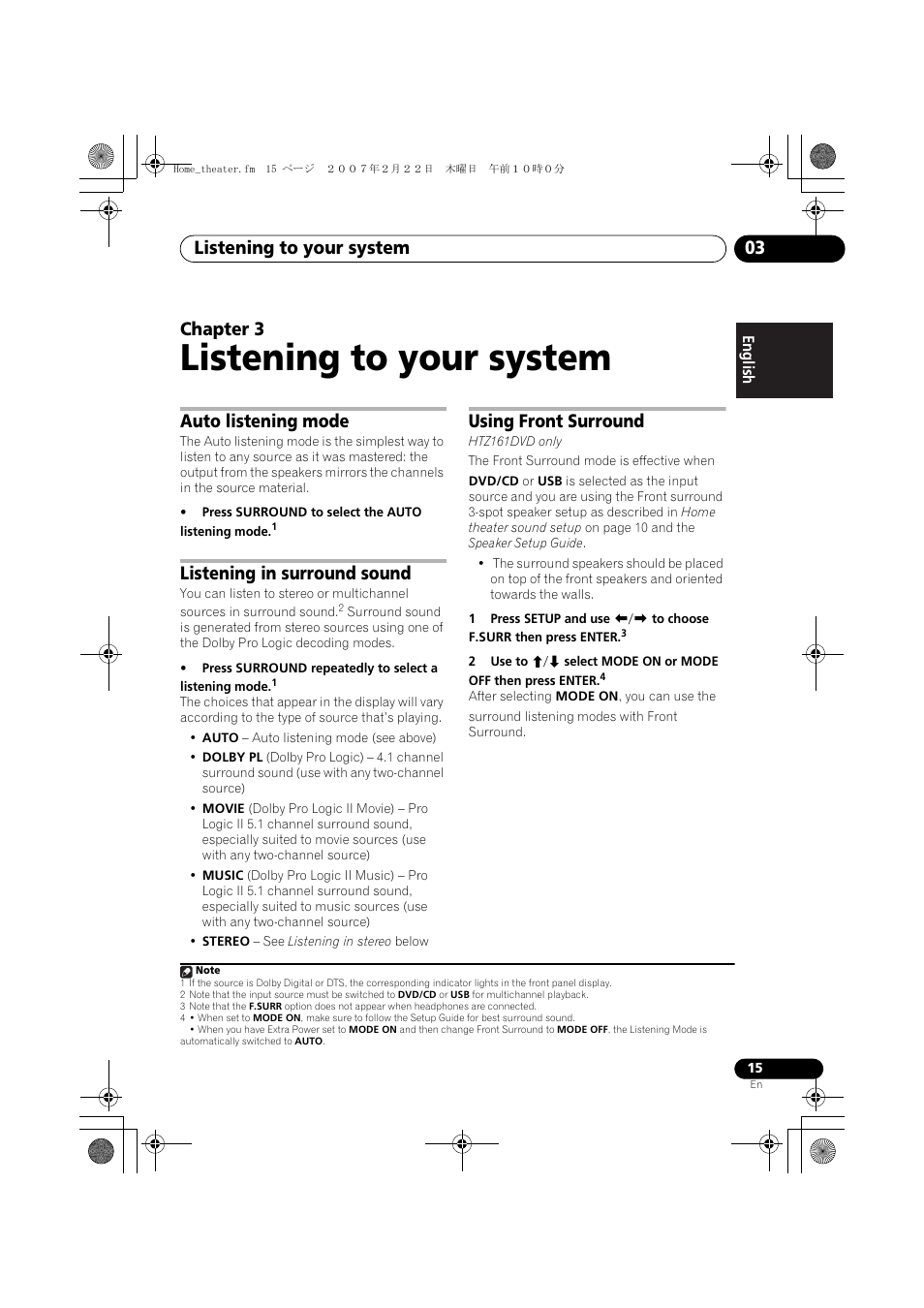 03 listening to your system, Auto listening mode, Listening in surround sound | Using front surround, Listening to your system, Listening to your system 03, Chapter 3 | Pioneer XV-DV262 User Manual | Page 15 / 93