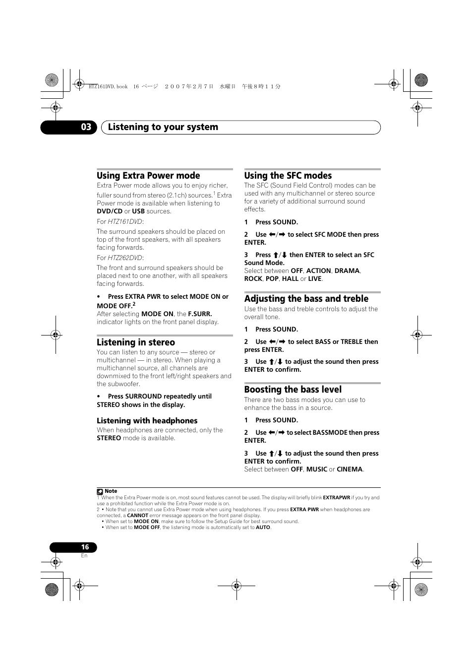 Using extra power mode, Listening in stereo, Listening with headphones | Using the sfc modes, Adjusting the bass and treble, Boosting the bass level, Listening to your system 03 | Pioneer XV-DV262 User Manual | Page 16 / 93