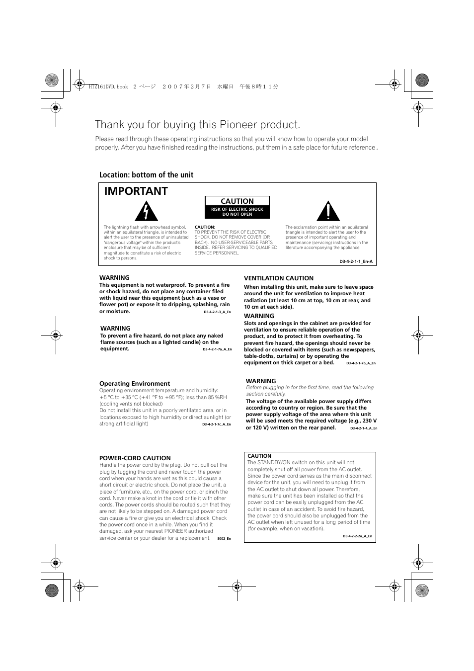 Important, Location: bottom of the unit, Caution | Pioneer XV-DV262 User Manual | Page 2 / 93