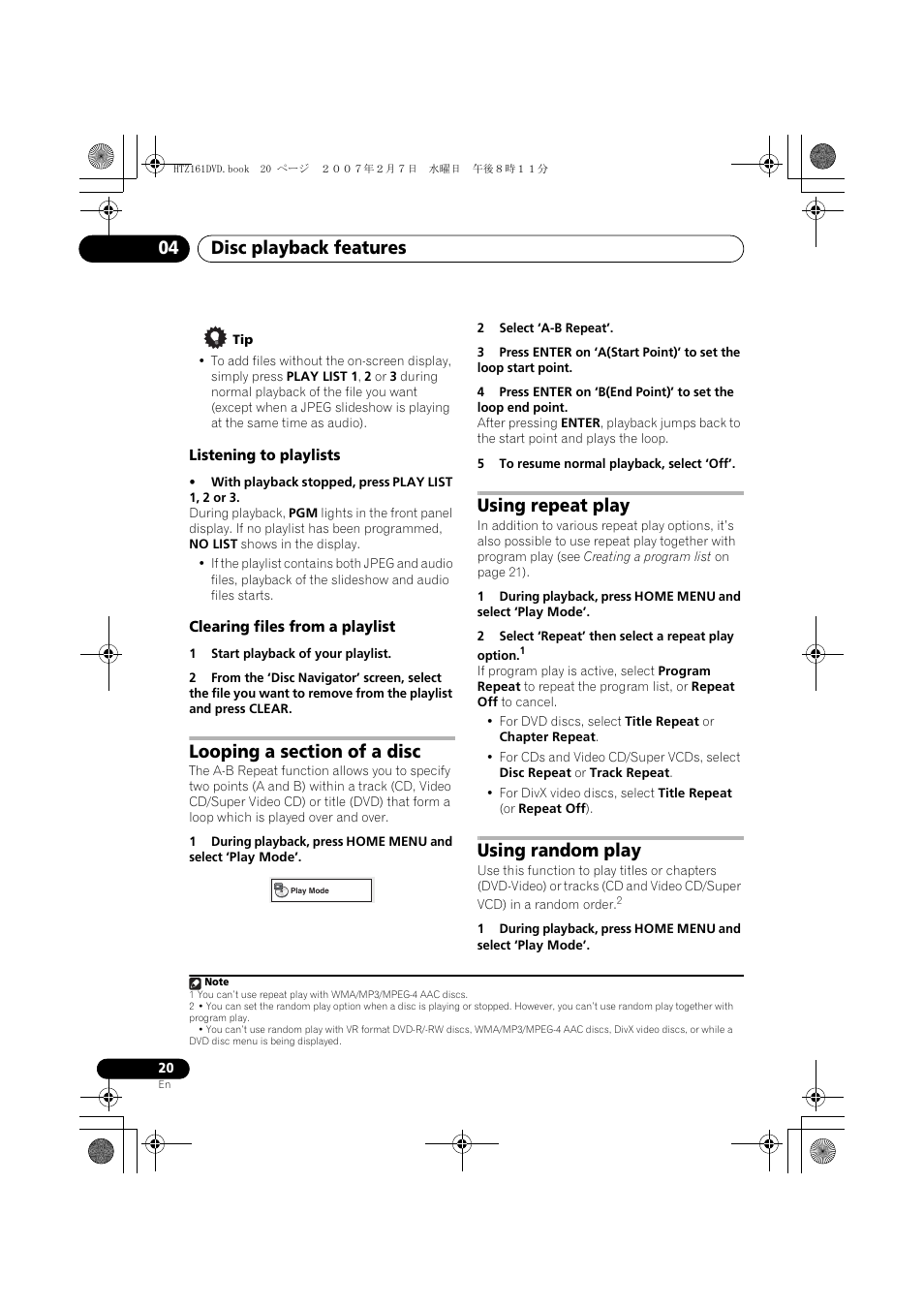 Listening to playlists, Clearing files from a playlist, Looping a section of a disc | Using repeat play, Using random play, Disc playback features 04 | Pioneer XV-DV262 User Manual | Page 20 / 93