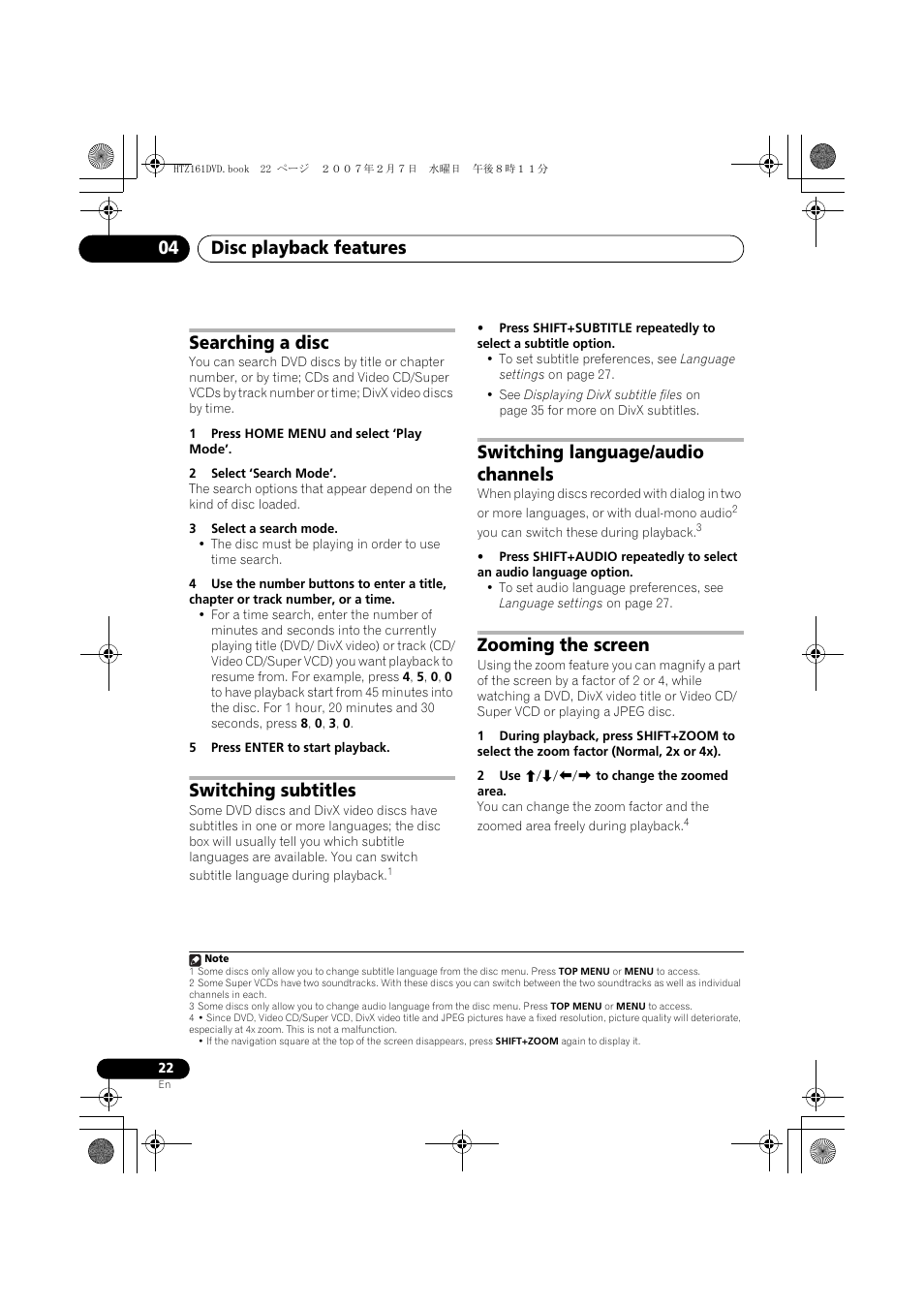 Searching a disc, Switching subtitles, Switching language/audio channels | Zooming the screen, Disc playback features 04 | Pioneer XV-DV262 User Manual | Page 22 / 93