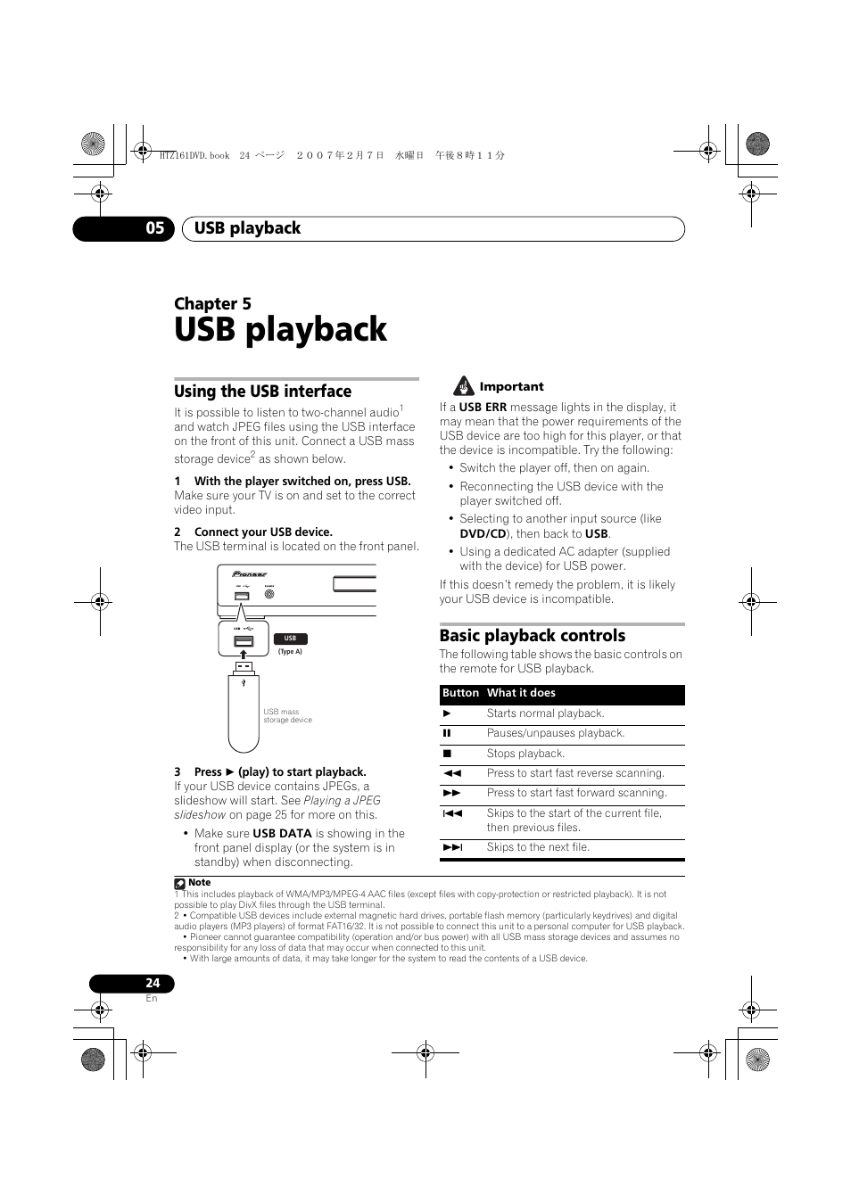 05 usb playback, Using the usb interface, Basic playback controls | Usb playback, Usb playback 05, Chapter 5 | Pioneer XV-DV262 User Manual | Page 24 / 93