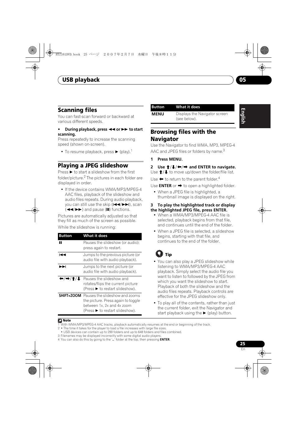 Scanning files, Playing a jpeg slideshow, Browsing files with the navigator | Usb playback 05 | Pioneer XV-DV262 User Manual | Page 25 / 93
