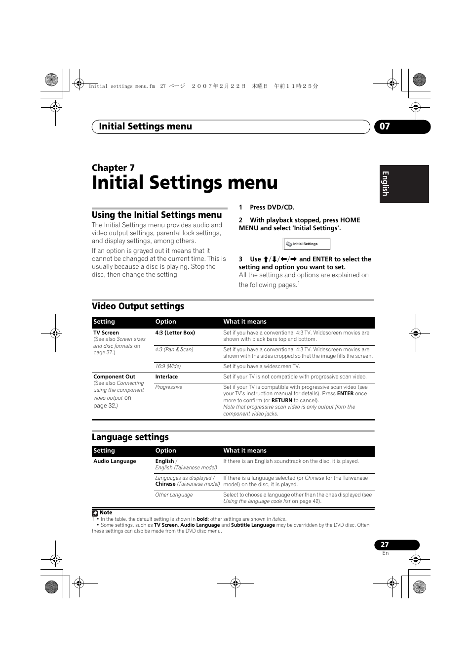 07 initial settings menu, Using the initial settings menu, Video output settings | Language settings, Initial settings menu, Initial settings menu 07, Chapter 7, Video output settings language settings | Pioneer XV-DV262 User Manual | Page 27 / 93