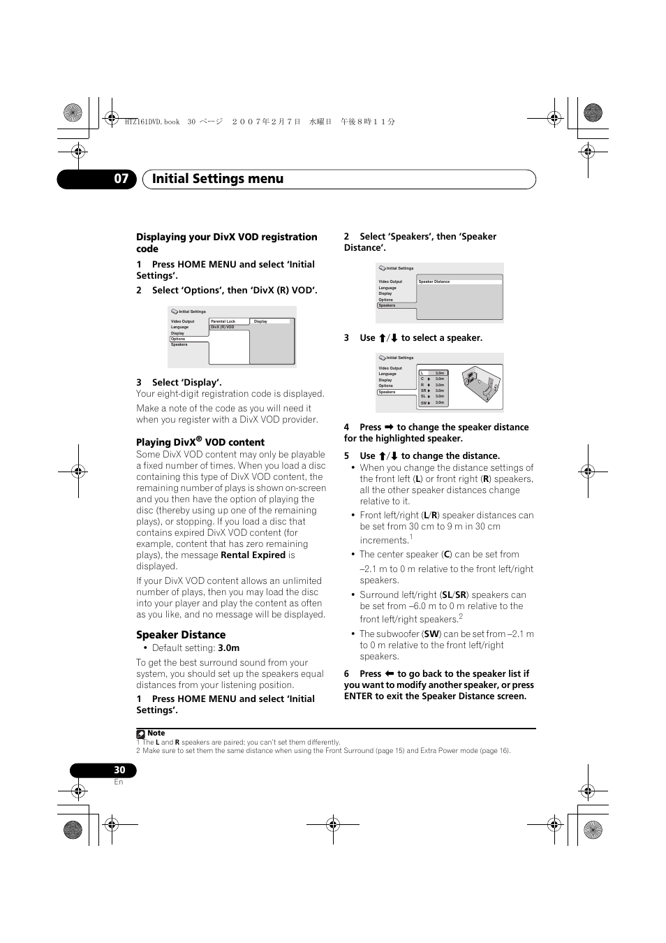 Speaker distance, Initial settings menu 07, Displaying your divx vod registration code | Playing divx, Vod content | Pioneer XV-DV262 User Manual | Page 30 / 93