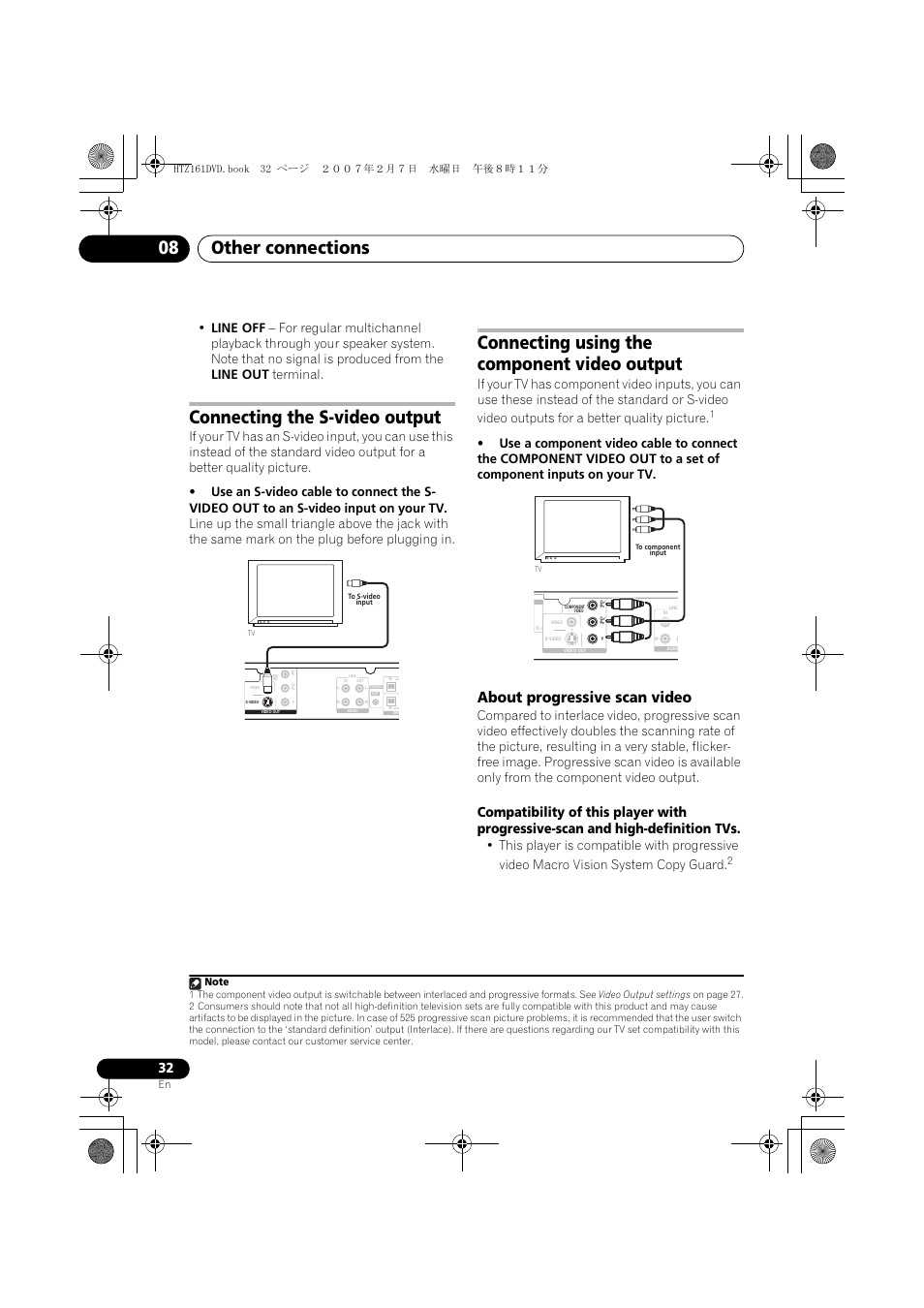 Connecting the s-video output, Connecting using the component video output, About progressive scan video | Other connections 08 | Pioneer XV-DV262 User Manual | Page 32 / 93
