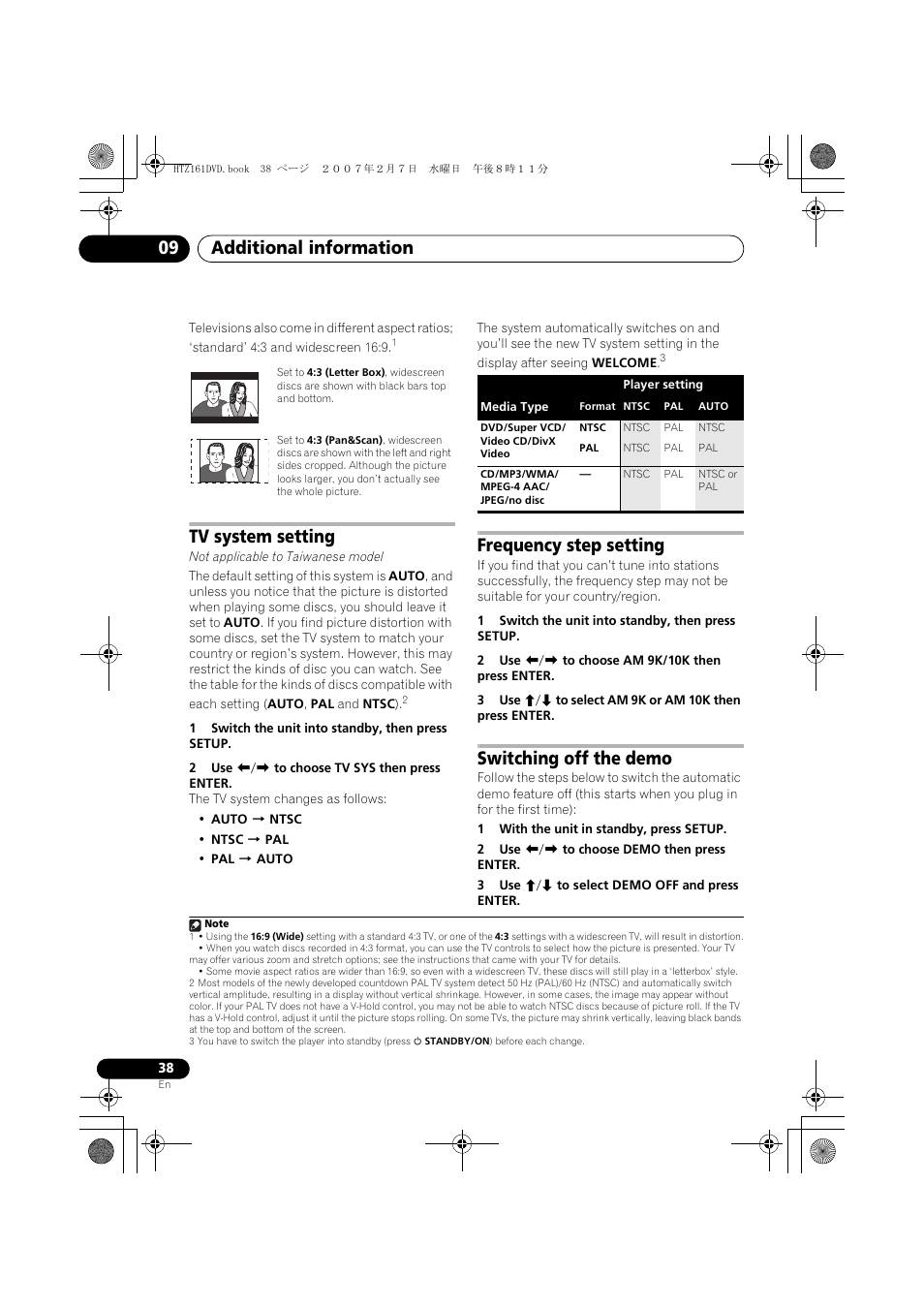 Tv system setting, Frequency step setting, Switching off the demo | Additional information 09 | Pioneer XV-DV262 User Manual | Page 38 / 93