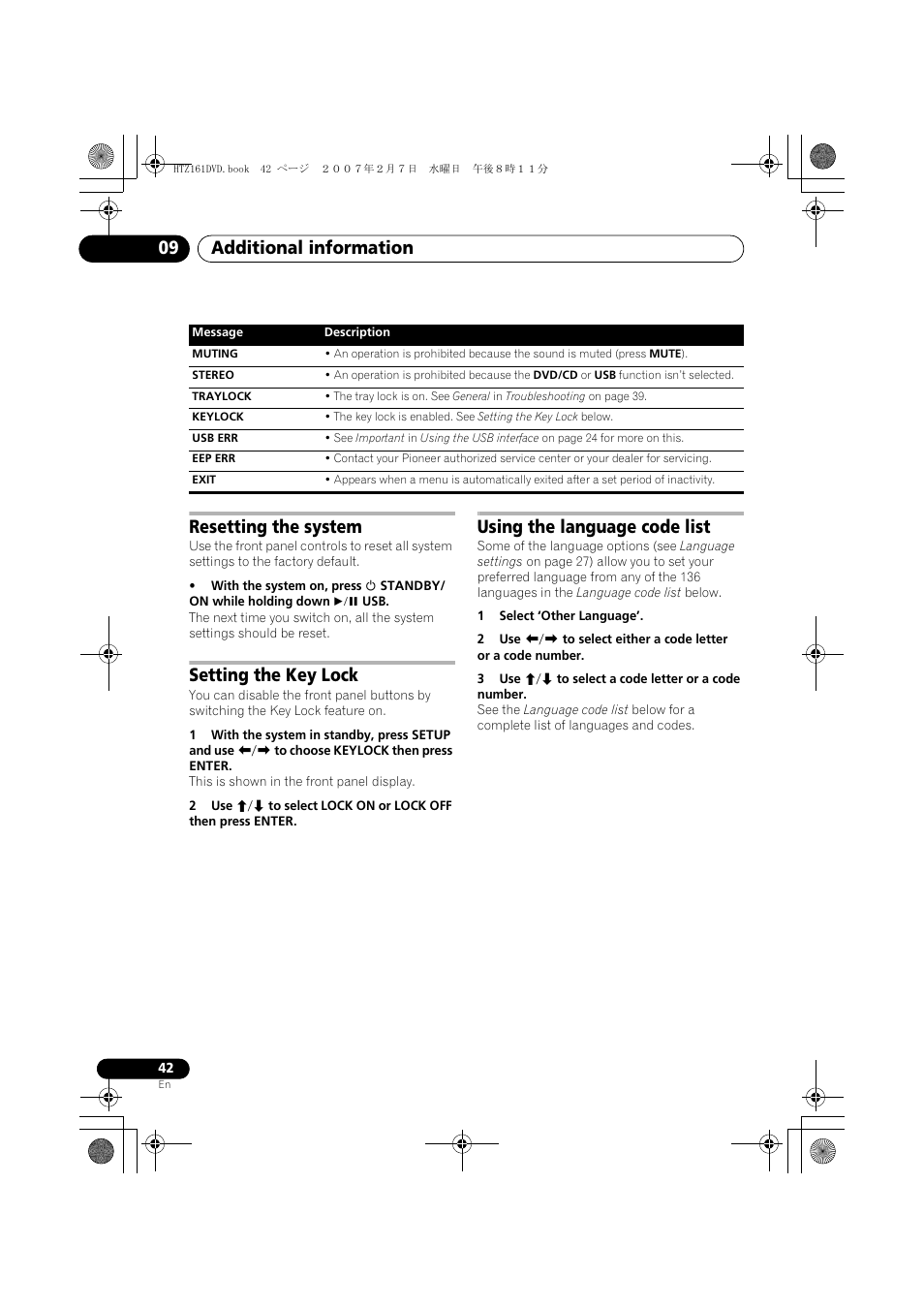 Resetting the system, Setting the key lock, Using the language code list | Additional information 09 | Pioneer XV-DV262 User Manual | Page 42 / 93