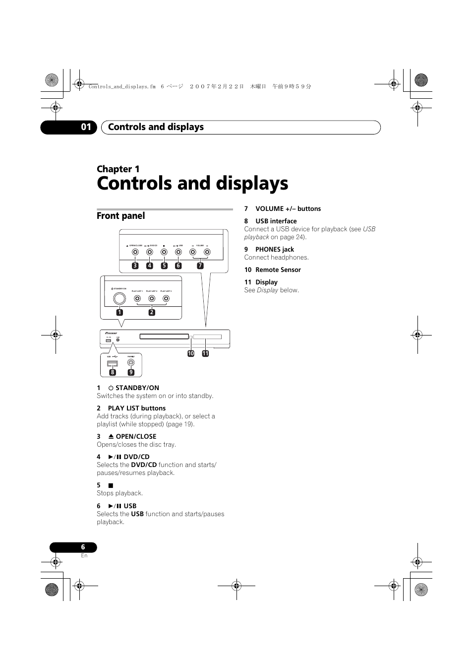 01 controls and displays, Front panel, Controls and displays | Controls and displays 01, Chapter 1 | Pioneer XV-DV262 User Manual | Page 6 / 93