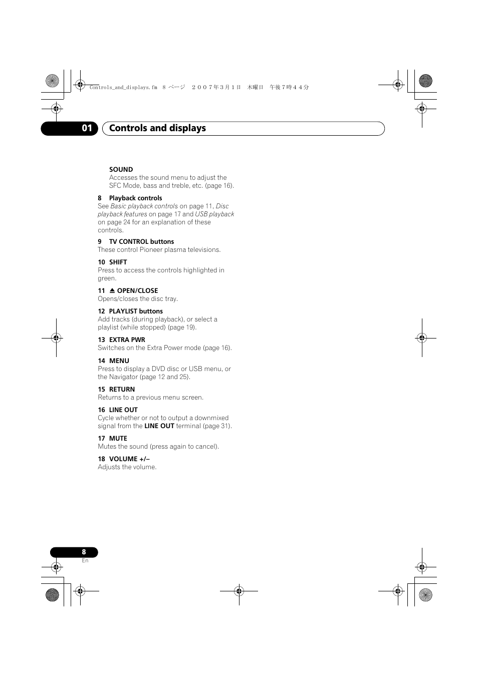 Controls and displays 01 | Pioneer XV-DV262 User Manual | Page 8 / 93