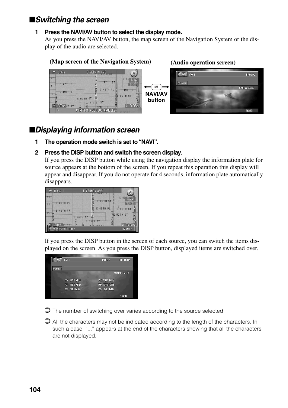 Switching the screen displaying information screen, Switching the screen, Displaying information screen | Pioneer DVD Navigation Unit AVIC-80DVD User Manual | Page 106 / 192