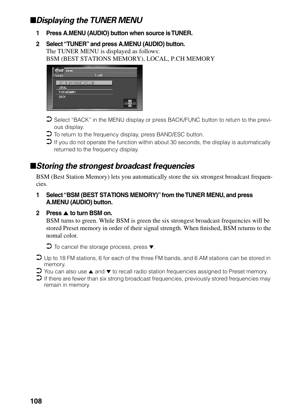 Displaying the tuner menu, Storing the strongest broadcast frequencies | Pioneer DVD Navigation Unit AVIC-80DVD User Manual | Page 110 / 192