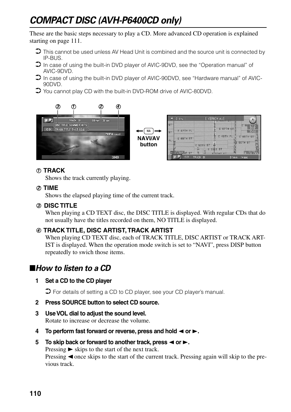 Compact disc (avh-p6400cd only), How to listen to a cd | Pioneer DVD Navigation Unit AVIC-80DVD User Manual | Page 112 / 192