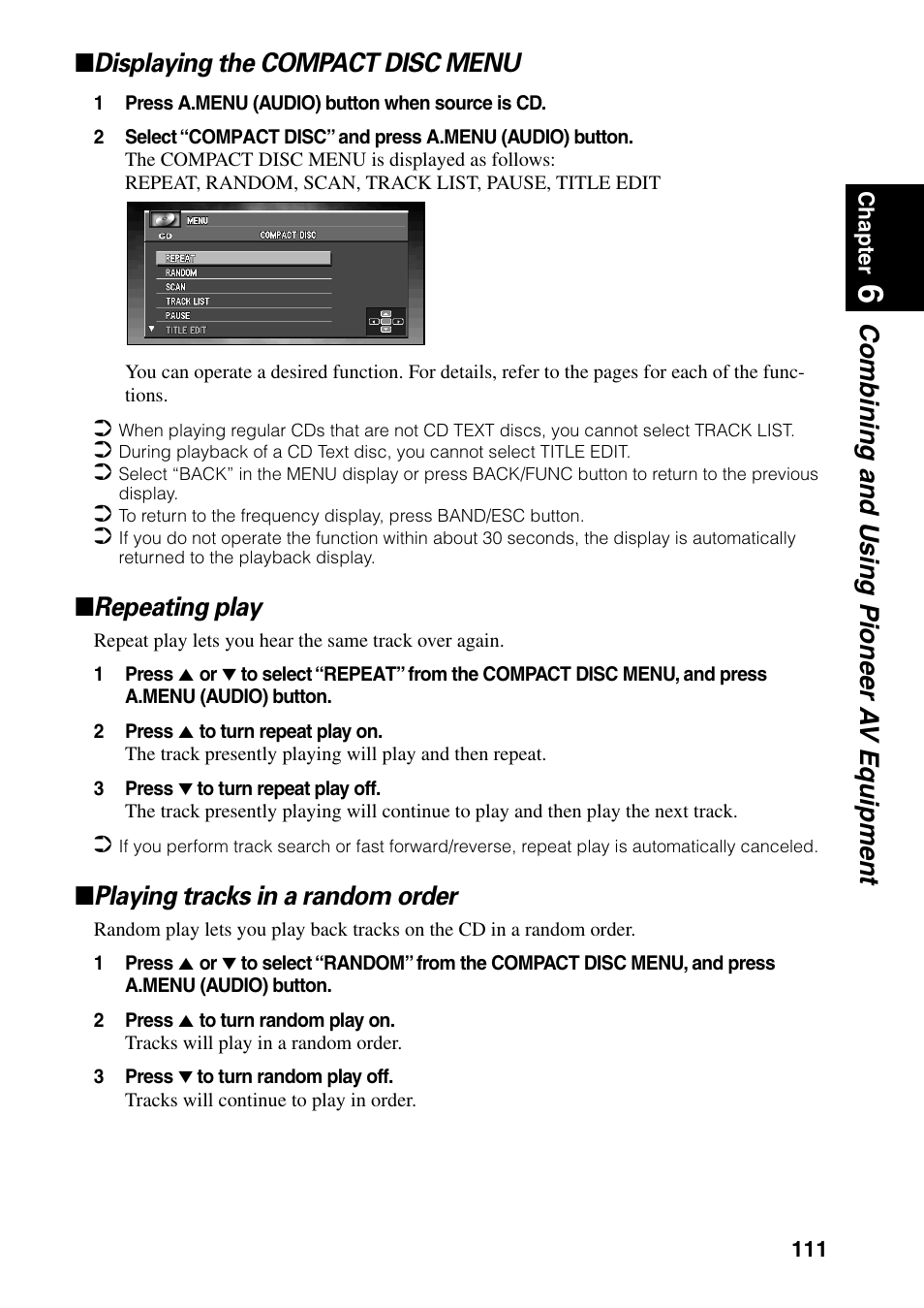 Repeating play, Playing tracks in a random order | Pioneer DVD Navigation Unit AVIC-80DVD User Manual | Page 113 / 192