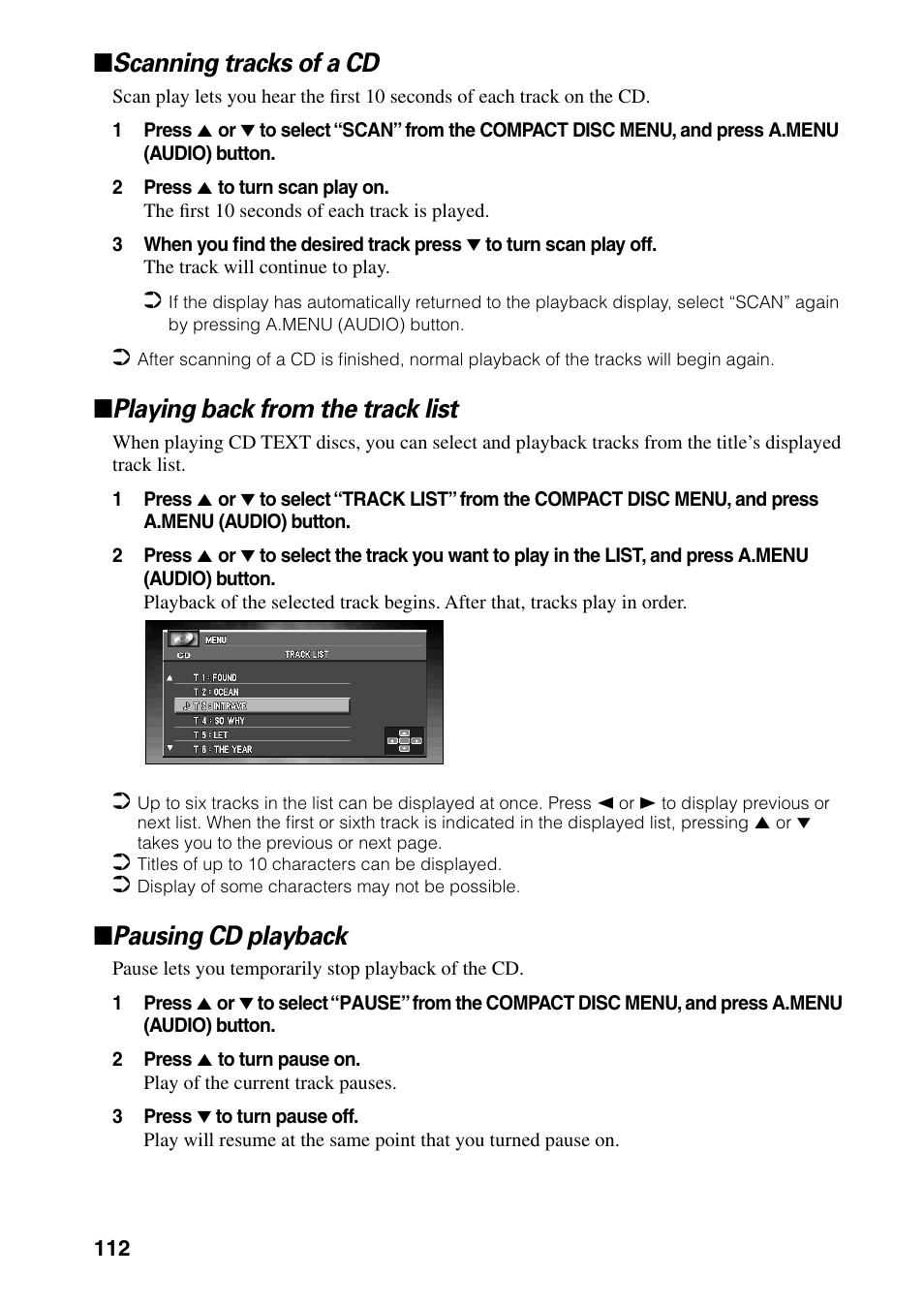 Scanning tracks of a cd, Playing back from the track list, Pausing cd playback | Pioneer DVD Navigation Unit AVIC-80DVD User Manual | Page 114 / 192