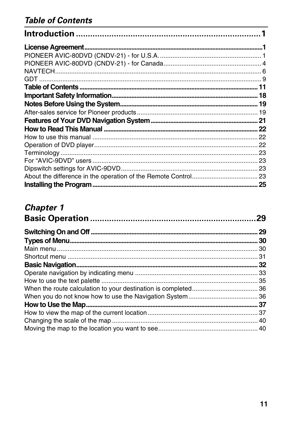 Table of contents introduction, Chapter 1 basic operation | Pioneer DVD Navigation Unit AVIC-80DVD User Manual | Page 13 / 192