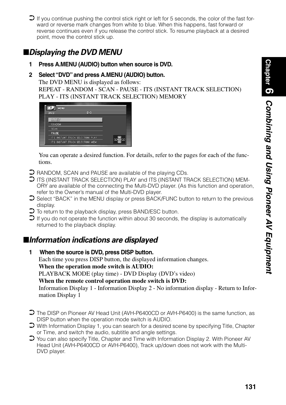 Combining and using pioneer a v equipment, Displaying the dvd menu, Information indications are displayed | Pioneer DVD Navigation Unit AVIC-80DVD User Manual | Page 133 / 192