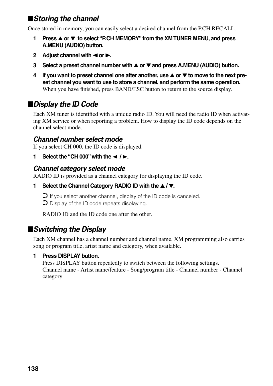 Storing the channel, Display the id code, Switching the display | Channel number select mode, Channel category select mode | Pioneer DVD Navigation Unit AVIC-80DVD User Manual | Page 140 / 192
