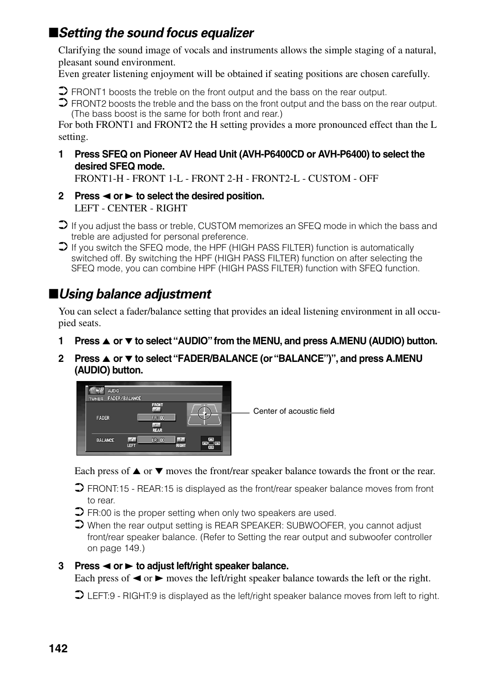 Setting the sound focus equalizer, Using balance adjustment | Pioneer DVD Navigation Unit AVIC-80DVD User Manual | Page 144 / 192