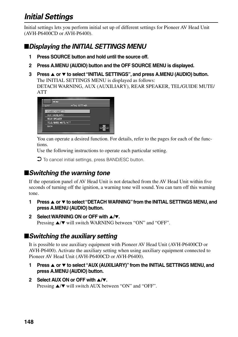 Initial settings, Displaying the initial settings menu, Switching the warning tone | Switching the auxiliary setting | Pioneer DVD Navigation Unit AVIC-80DVD User Manual | Page 150 / 192