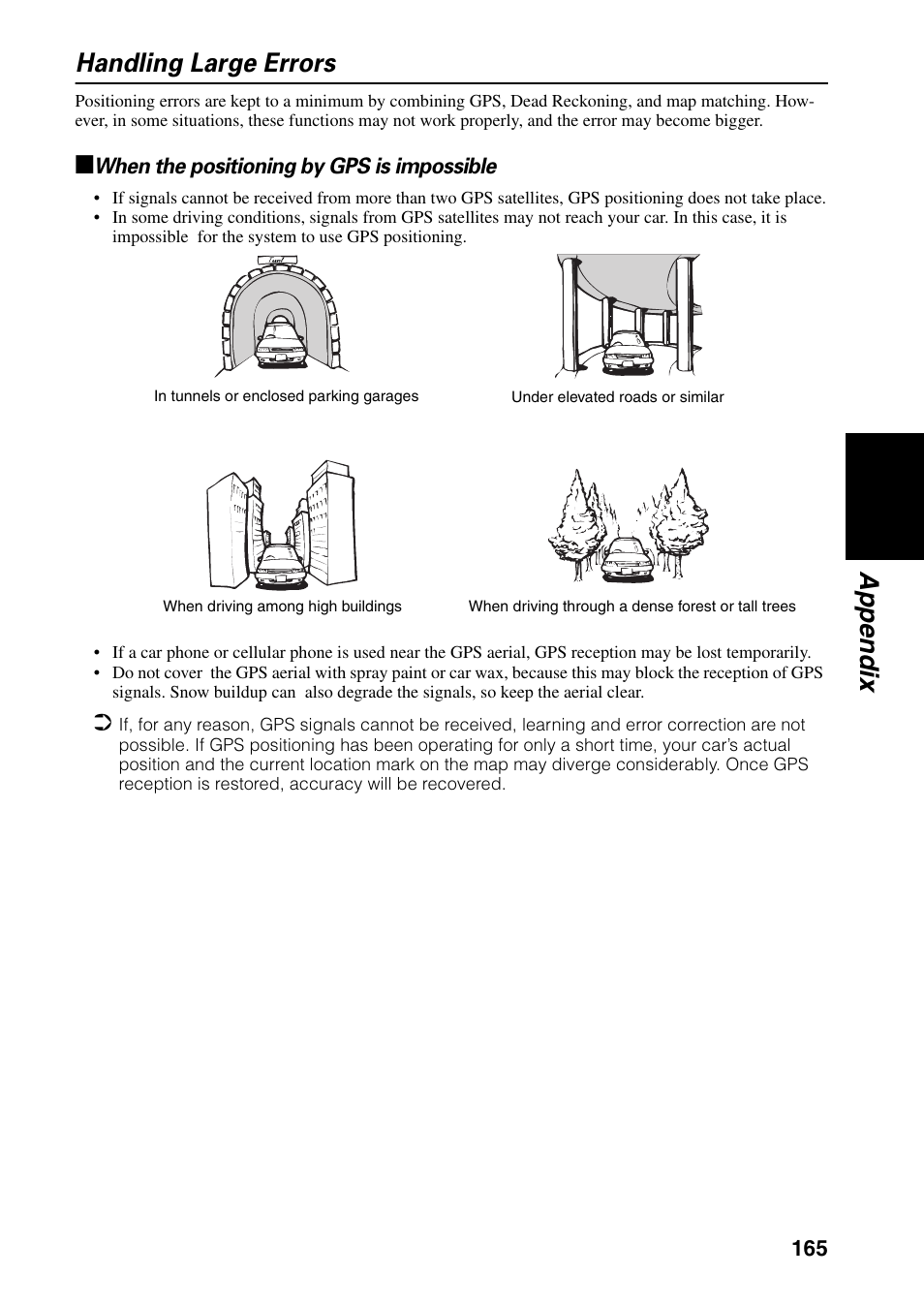 Handling large errors, When the positioning by gps is impossible, Appendix handling large errors | Pioneer DVD Navigation Unit AVIC-80DVD User Manual | Page 167 / 192