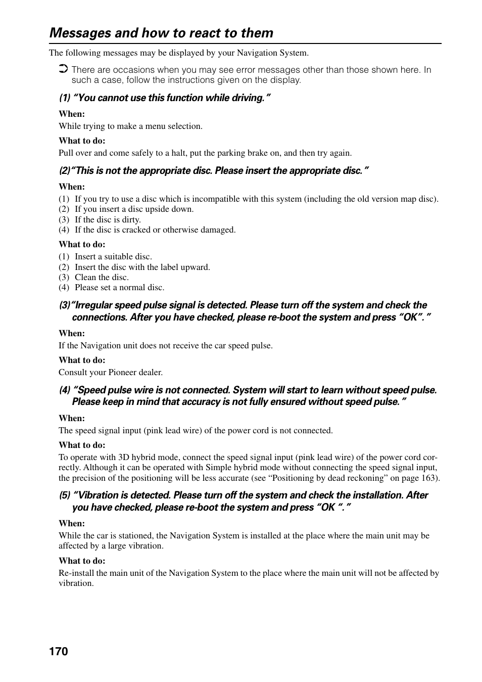 Messages and how to react to them | Pioneer DVD Navigation Unit AVIC-80DVD User Manual | Page 172 / 192