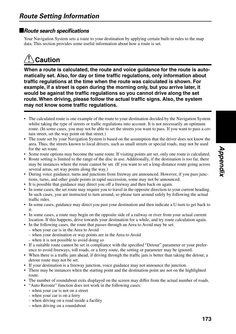 Route setting information, Route search specifications, Appendix route setting information | Caution | Pioneer DVD Navigation Unit AVIC-80DVD User Manual | Page 175 / 192