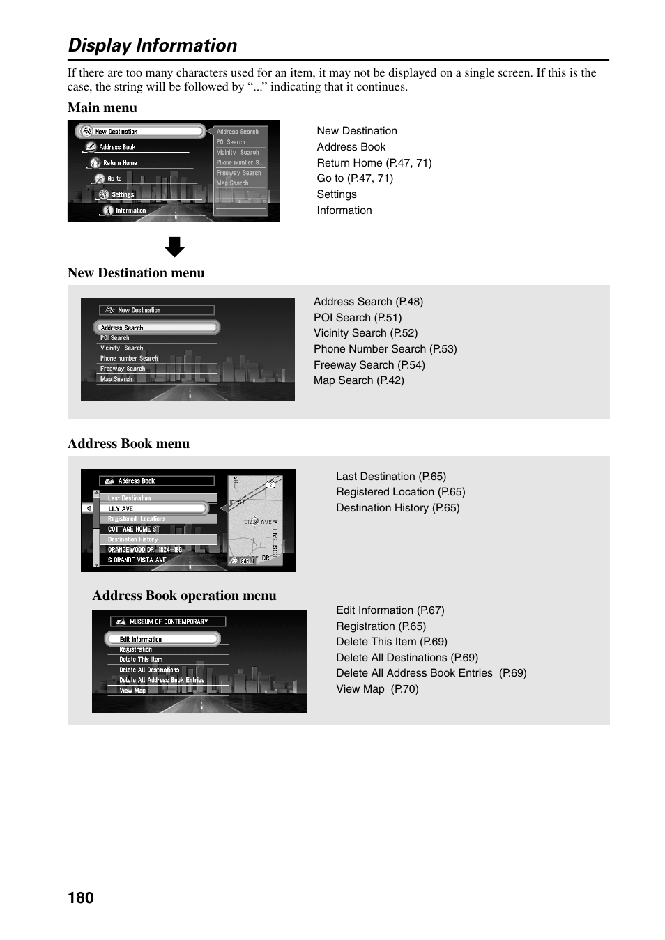Display information, Main menu new destination menu address book menu, Address book operation menu | Pioneer DVD Navigation Unit AVIC-80DVD User Manual | Page 182 / 192