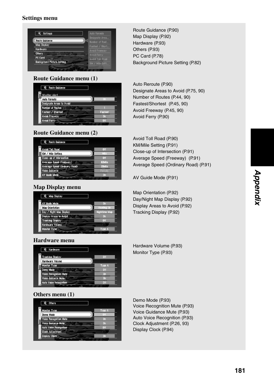 Appendix, Settings menu, Route guidance menu (1) | Route guidance menu (2), Map display menu, Hardware menu, Others menu (1) | Pioneer DVD Navigation Unit AVIC-80DVD User Manual | Page 183 / 192