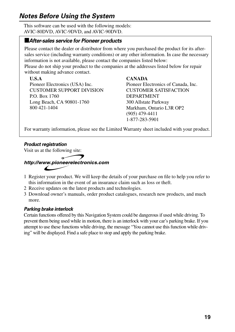 Notes before using the system, After-sales service for pioneer products | Pioneer DVD Navigation Unit AVIC-80DVD User Manual | Page 21 / 192