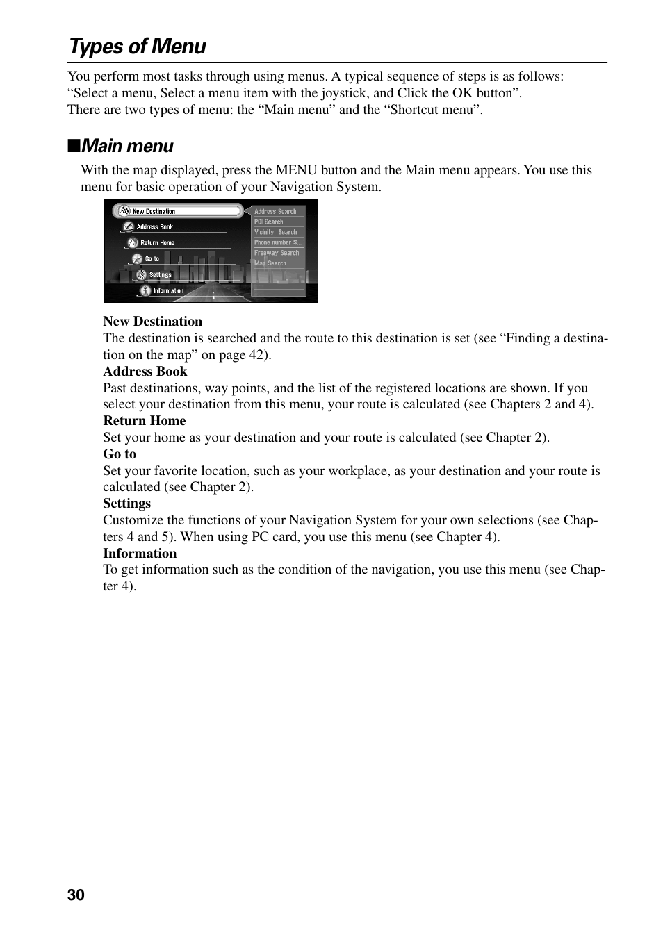 Types of menu, Main menu | Pioneer DVD Navigation Unit AVIC-80DVD User Manual | Page 32 / 192