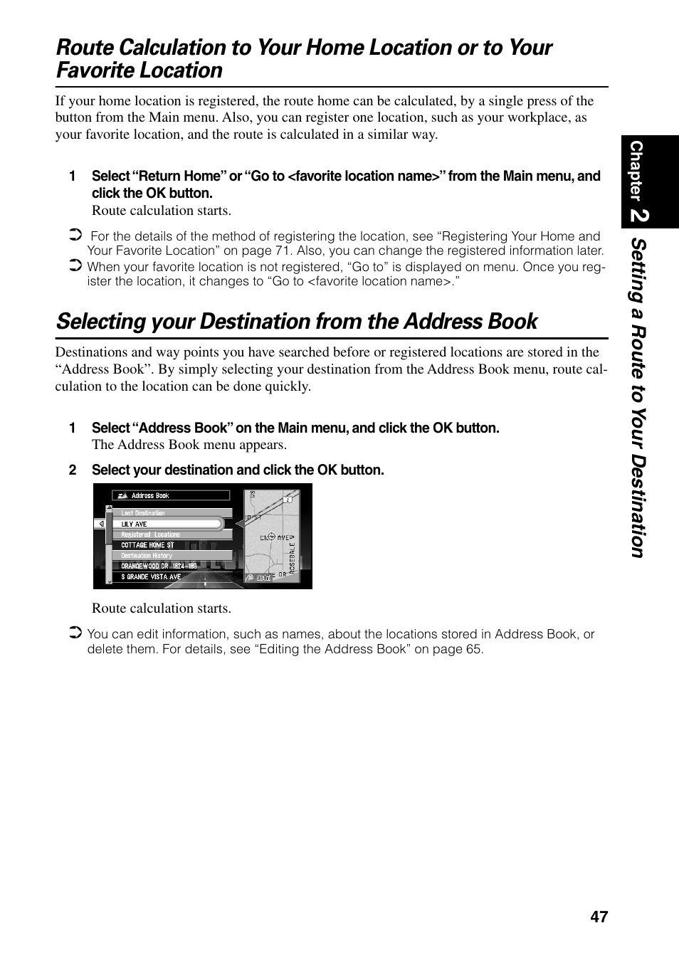 Selecting your destination from the address book, Setting a route to y our destination | Pioneer DVD Navigation Unit AVIC-80DVD User Manual | Page 49 / 192
