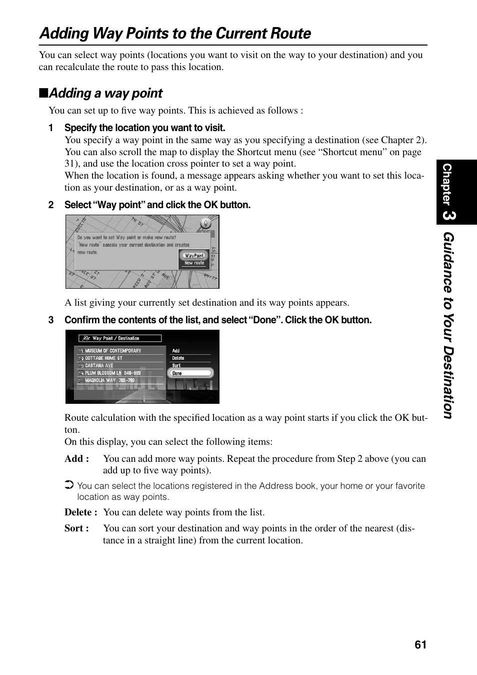 Adding way points to the current route, Adding a way point, Guidance to y our destination | Pioneer DVD Navigation Unit AVIC-80DVD User Manual | Page 63 / 192