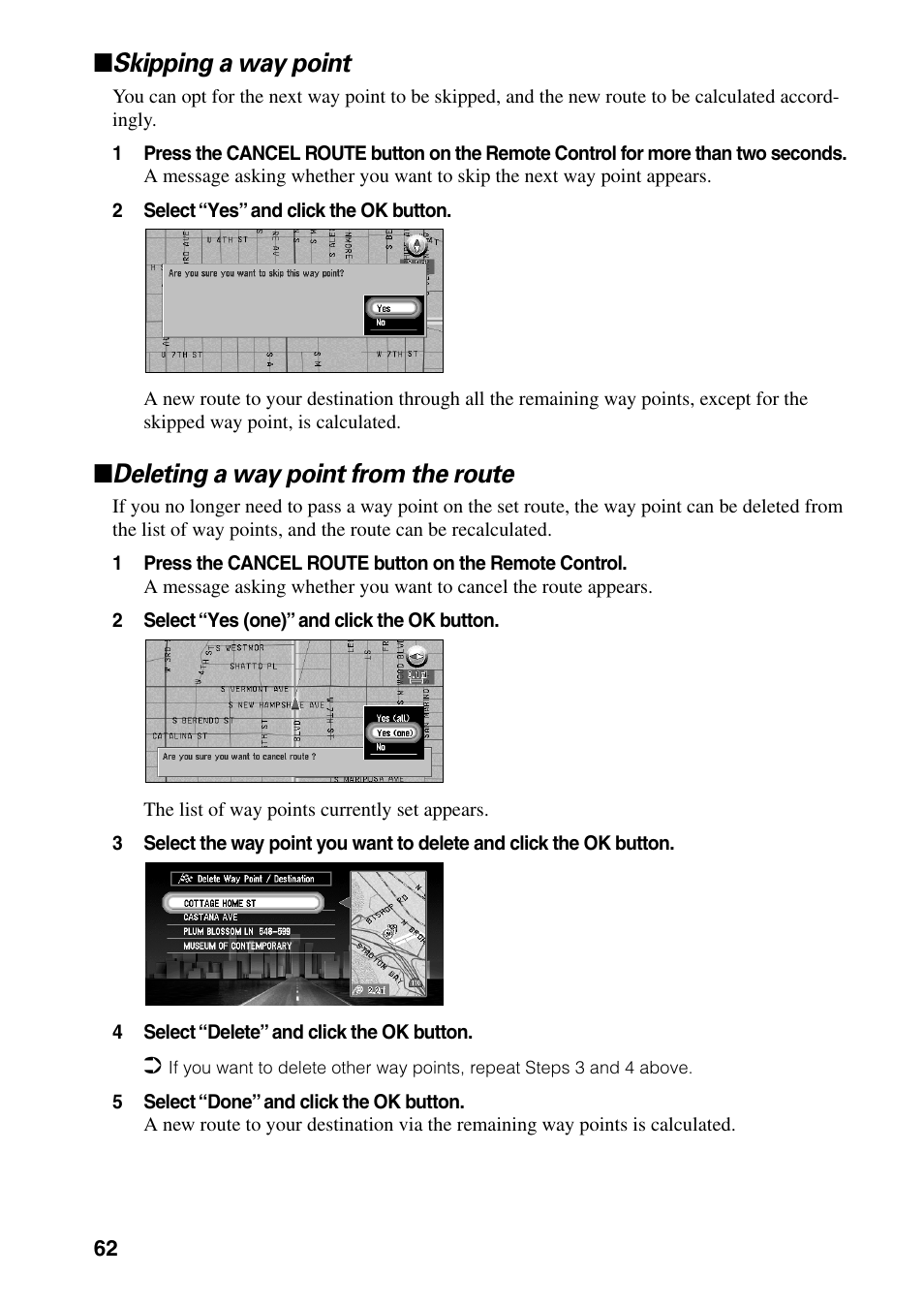 Skipping a way point, Deleting a way point from the route | Pioneer DVD Navigation Unit AVIC-80DVD User Manual | Page 64 / 192