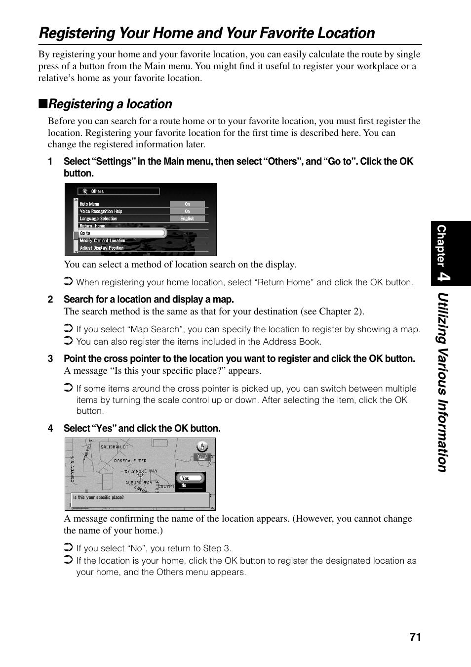 Registering your home and your favorite location, Registering a location, Utilizing v arious inf ormation | Pioneer DVD Navigation Unit AVIC-80DVD User Manual | Page 73 / 192