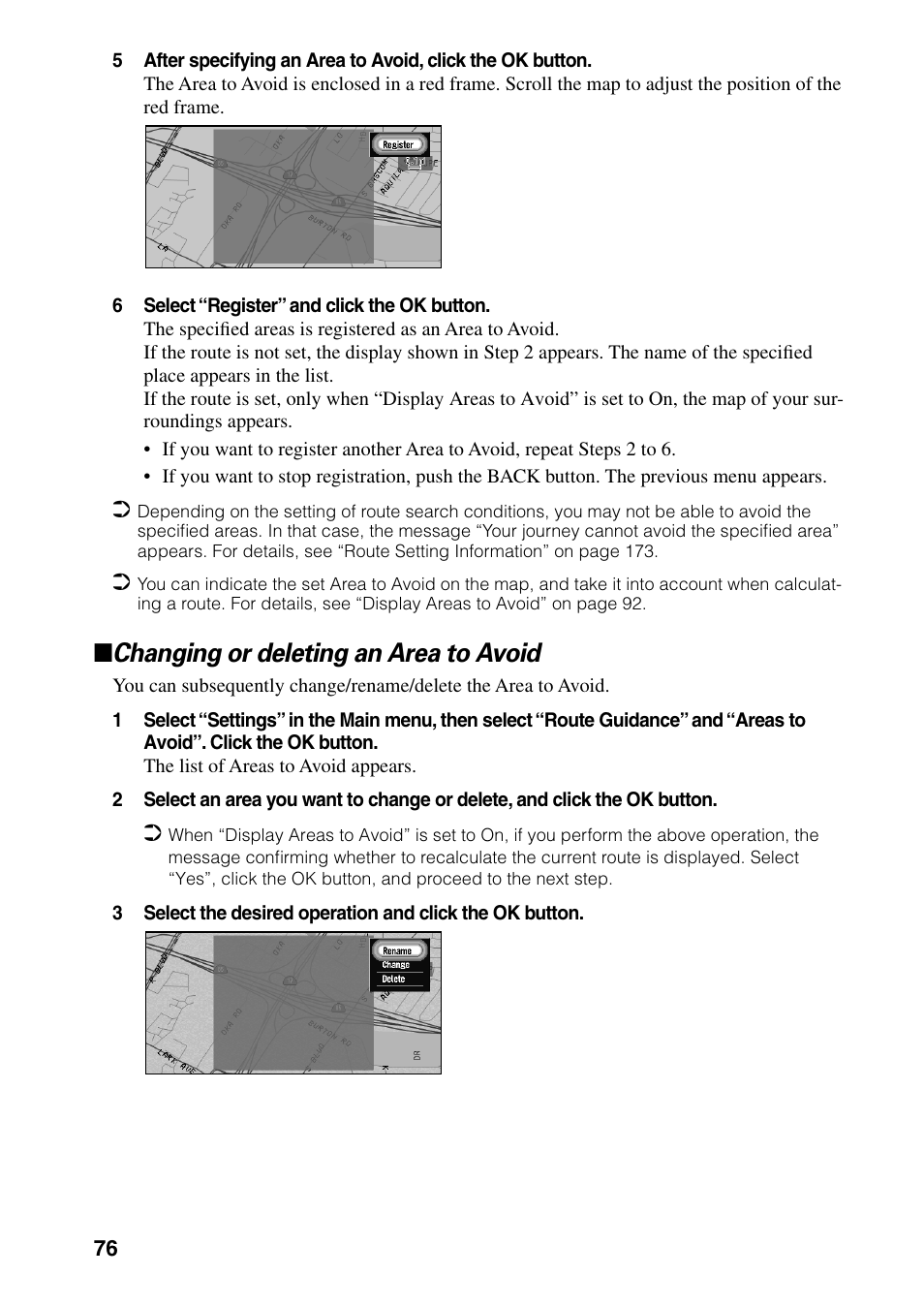 Changing or deleting an area to avoid | Pioneer DVD Navigation Unit AVIC-80DVD User Manual | Page 78 / 192