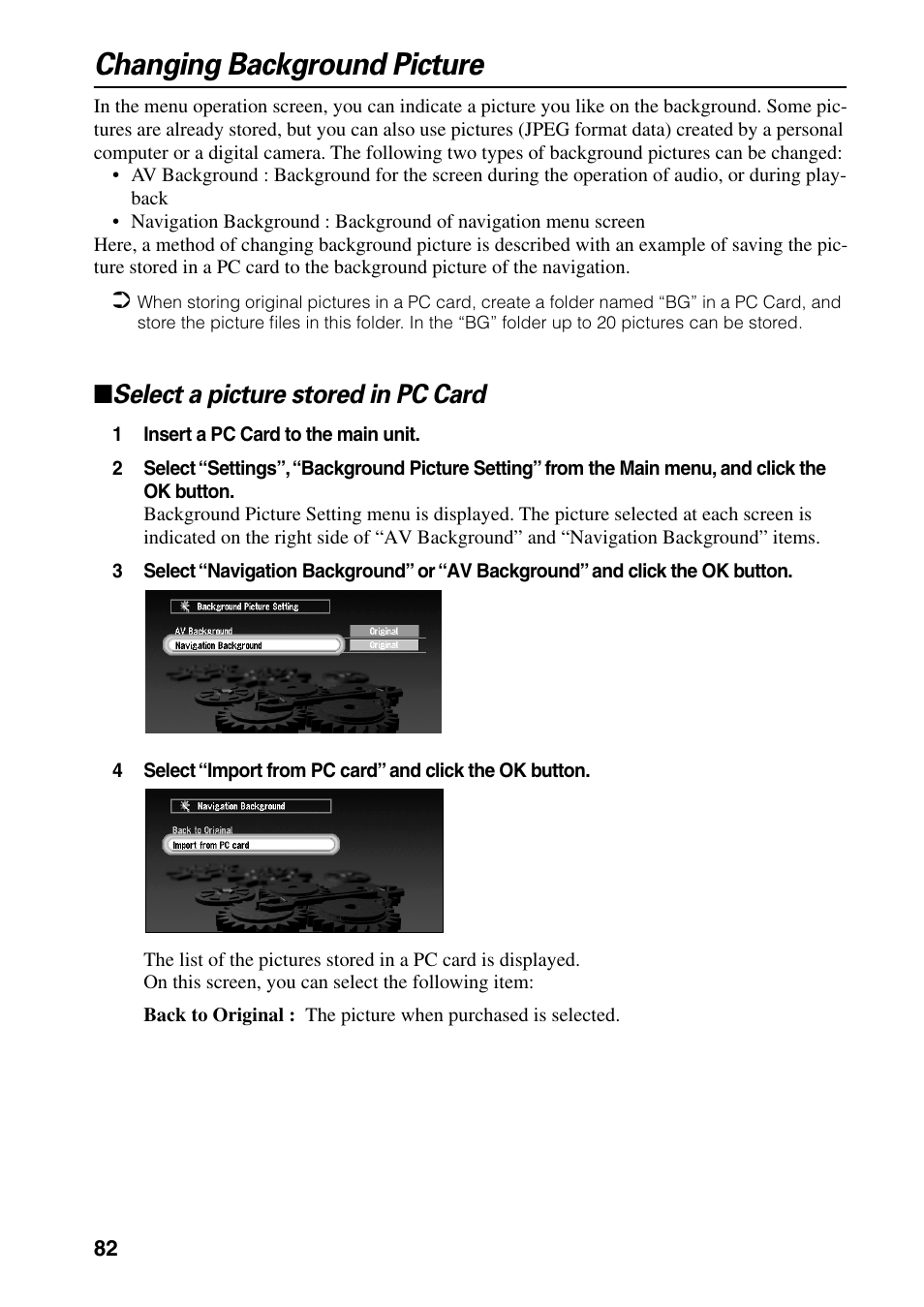 Changing background picture, Select a picture stored in pc card | Pioneer DVD Navigation Unit AVIC-80DVD User Manual | Page 84 / 192