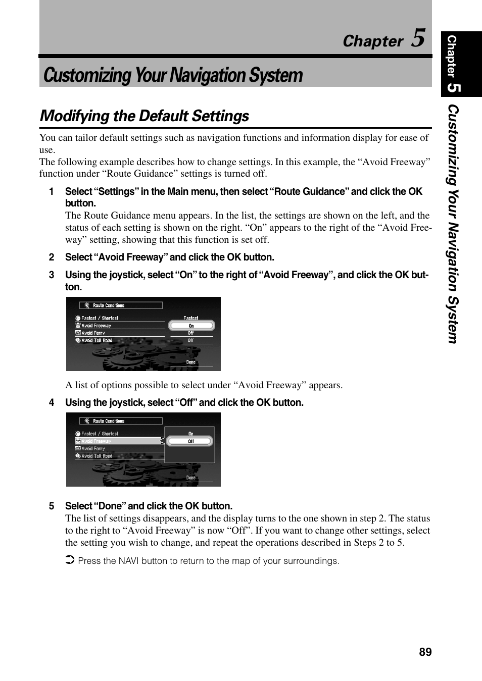 Chapter 5, Customizing your navigation system, Modifying the default settings | Chapter | Pioneer DVD Navigation Unit AVIC-80DVD User Manual | Page 91 / 192