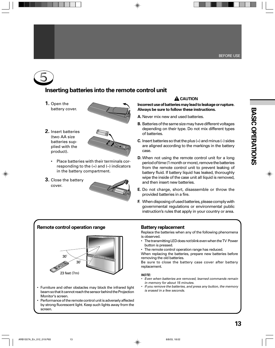 13 basic opera tions, Inserting batteries into the remote control unit | Pioneer PRO-730HDI User Manual | Page 13 / 100