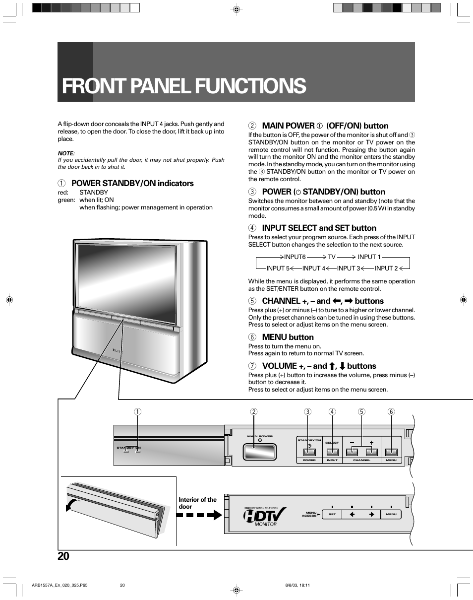 Front panel functions, 2 main power (off/on) button, 3 power ( standby/on) button | 4 input select and set button, 5 channel +, – and | , \ buttons, 6 menu button, 7 volume +, – and » , « buttons, 1 power standby/on indicators | Pioneer PRO-730HDI User Manual | Page 20 / 100