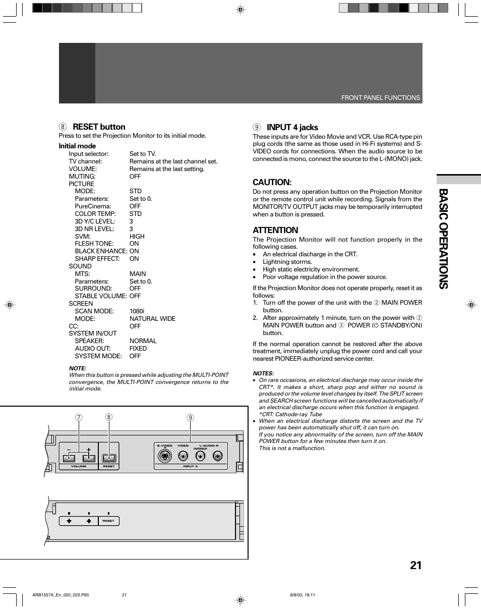 21 basic opera tions, 8 reset button, 9 input 4 jacks | Caution, Attention | Pioneer PRO-730HDI User Manual | Page 21 / 100