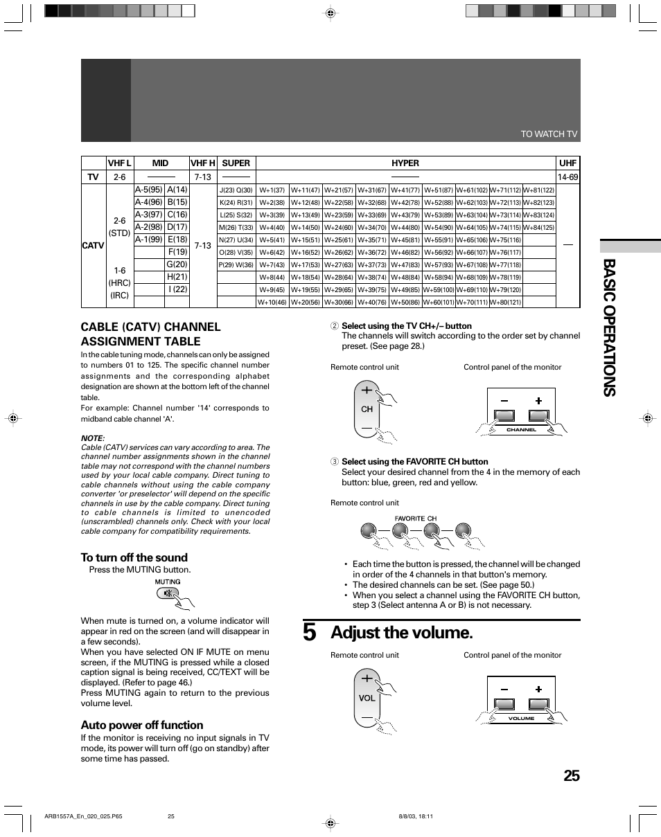 Adjust the volume, 25 basic opera tions, Cable (catv) channel assignment table | Auto power off function | Pioneer PRO-730HDI User Manual | Page 25 / 100