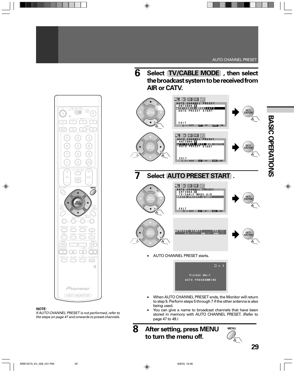 29 basic opera tions, Select auto preset start, After setting, press menu to turn the menu off | Pioneer PRO-730HDI User Manual | Page 29 / 100