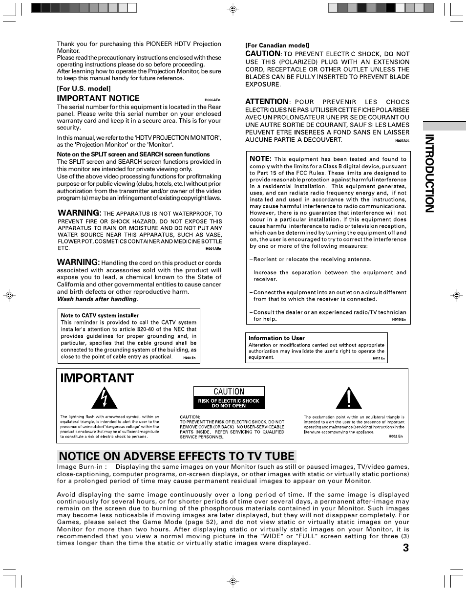 3introduction, Notice on adverse effects to tv tube | Pioneer PRO-730HDI User Manual | Page 3 / 100