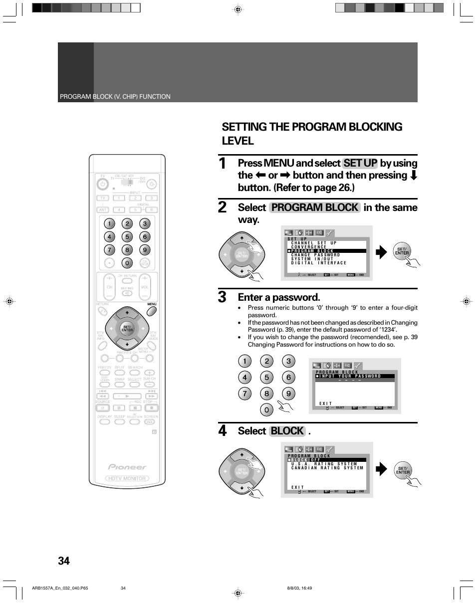 Setting the program blocking level, Select program block in the same way, Enter a password | Select block | Pioneer PRO-730HDI User Manual | Page 34 / 100